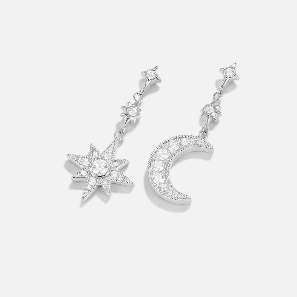 Silver Crystal Moon & Star Earrings, pair of drop earrings, one star and one crescent moon