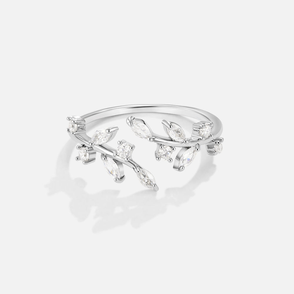 Silver Crystal Vine Ring, open vine ring on white background with clear stones along the branches