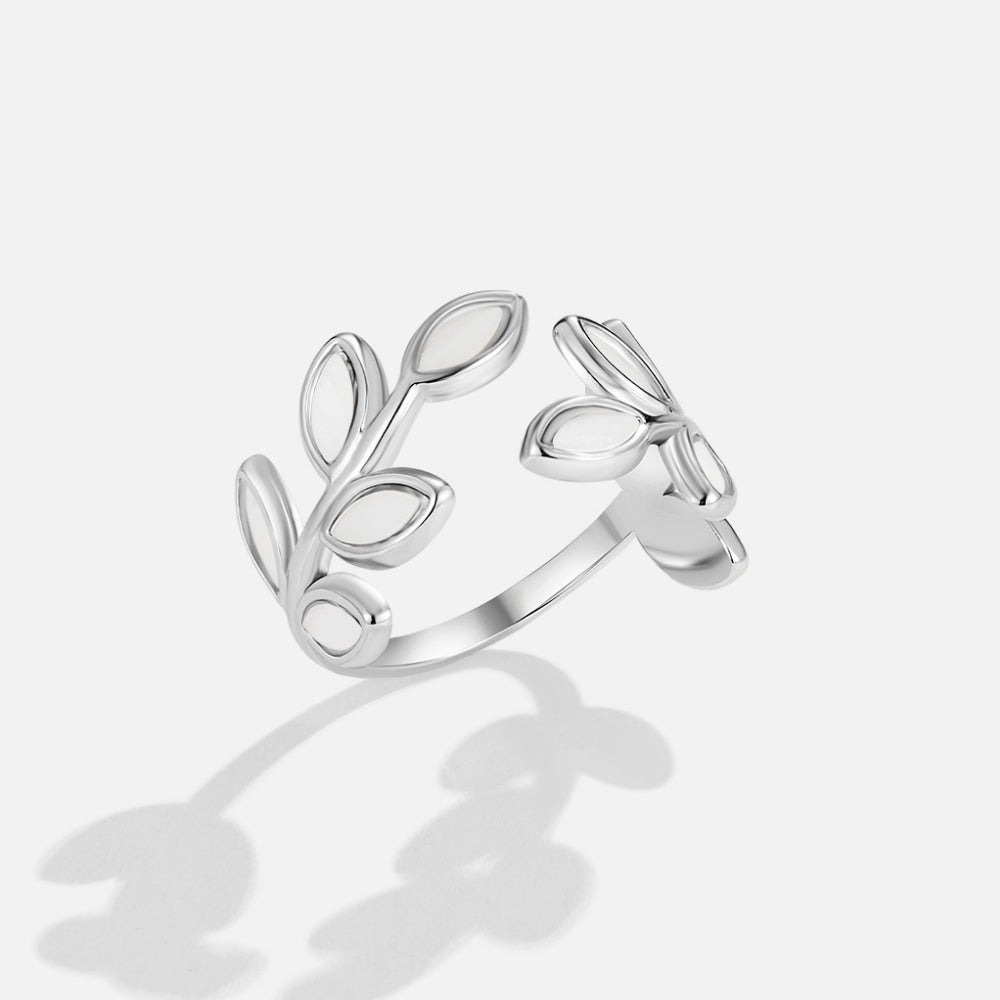 Silver Leaf Ring, open leaf-vine ring in silver with white enamel leaves on grey background
