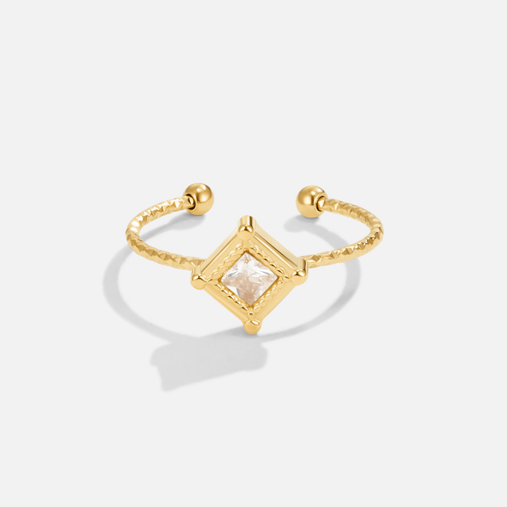 Sofia Diamond Shaped Ring, open gold ring on white, square clear stone at front