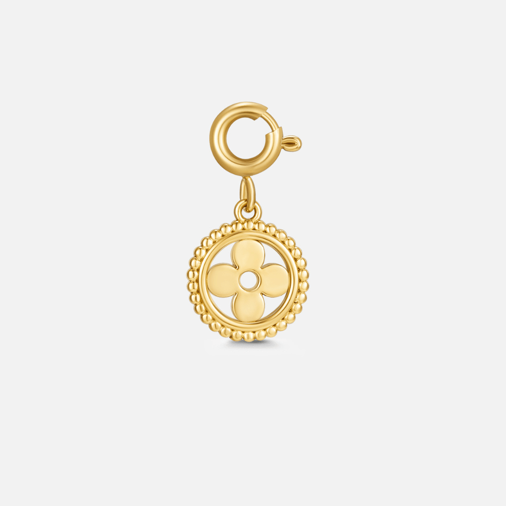 'Spring Bloom' Flower Petal Charm, gold charm with four-petal flower in beaded ring, on spring clasp