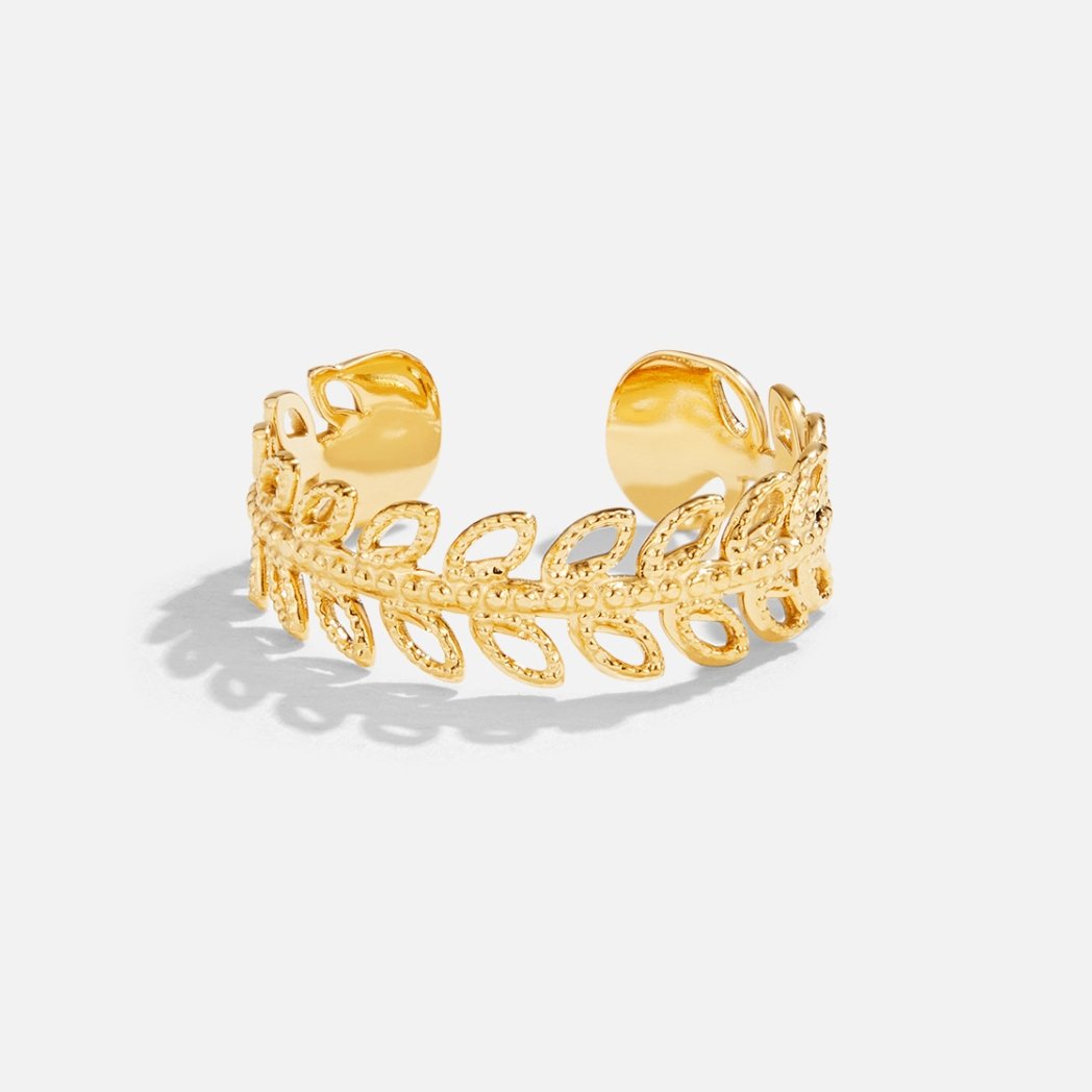 Summer Bloom Leaf Ring, open cuff ring on a white background, leaf pattern in gold