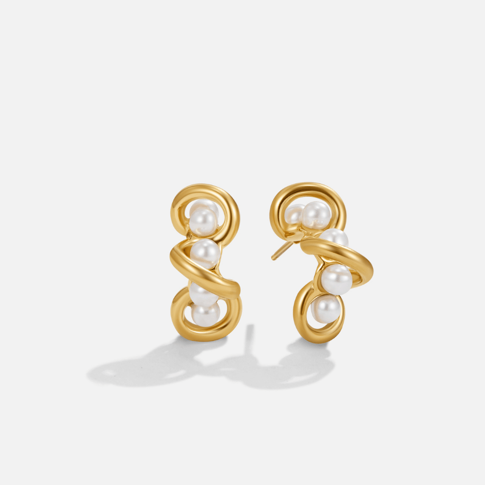 Tara Gold Entwined Pearl Earrings, pair of gold swirl earrings with three white pearls each