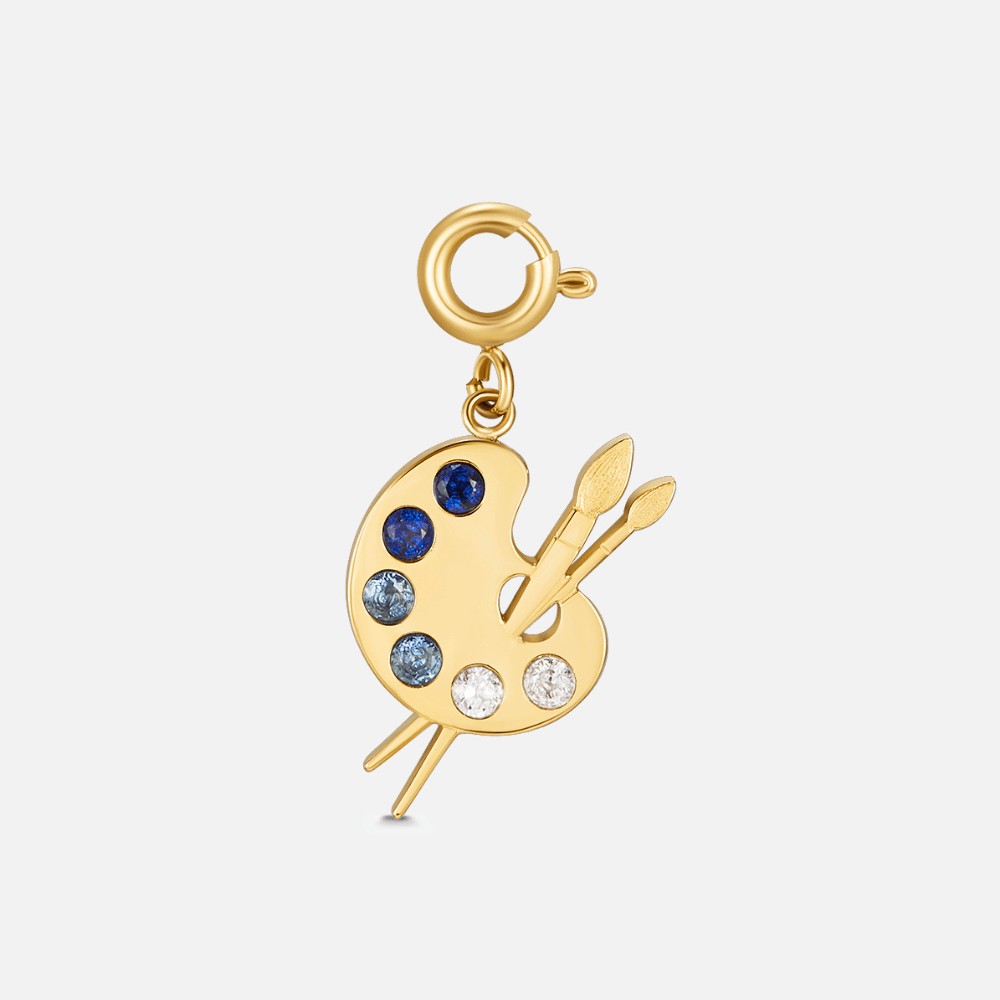 'The Artist' Palette Charm, gold palette charm with blue and white stones and two brushes