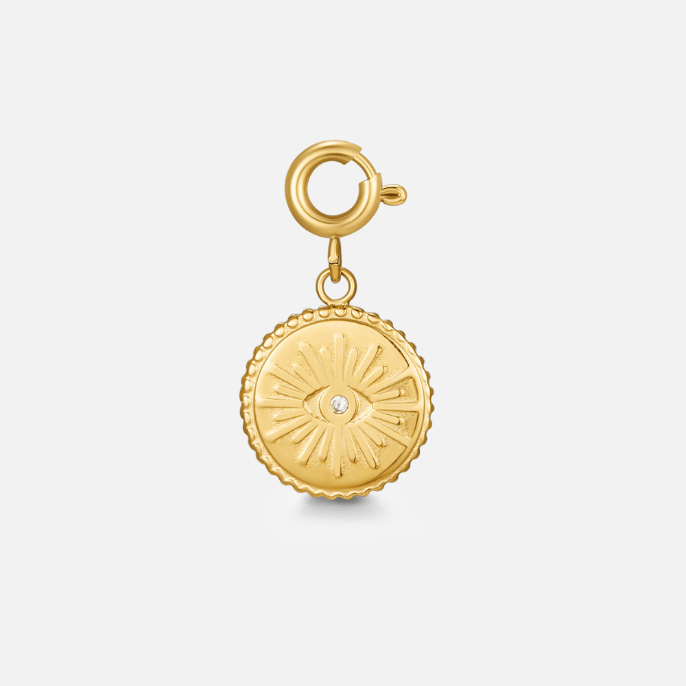 'The Truth' Gold Eye Coin Charm, gold coin charm on a spring clasp, sunburst with a small