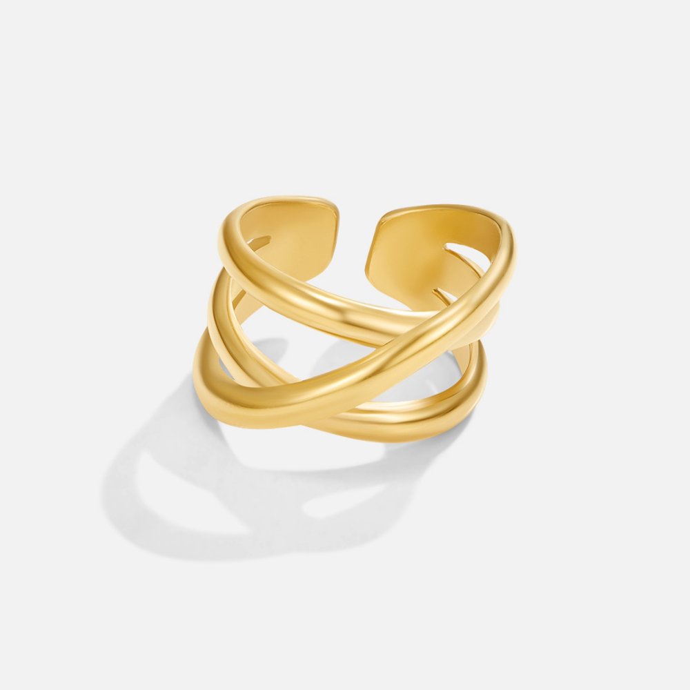 Trinity Gold Ring, gold open ring with crossed bands, shown on a white background