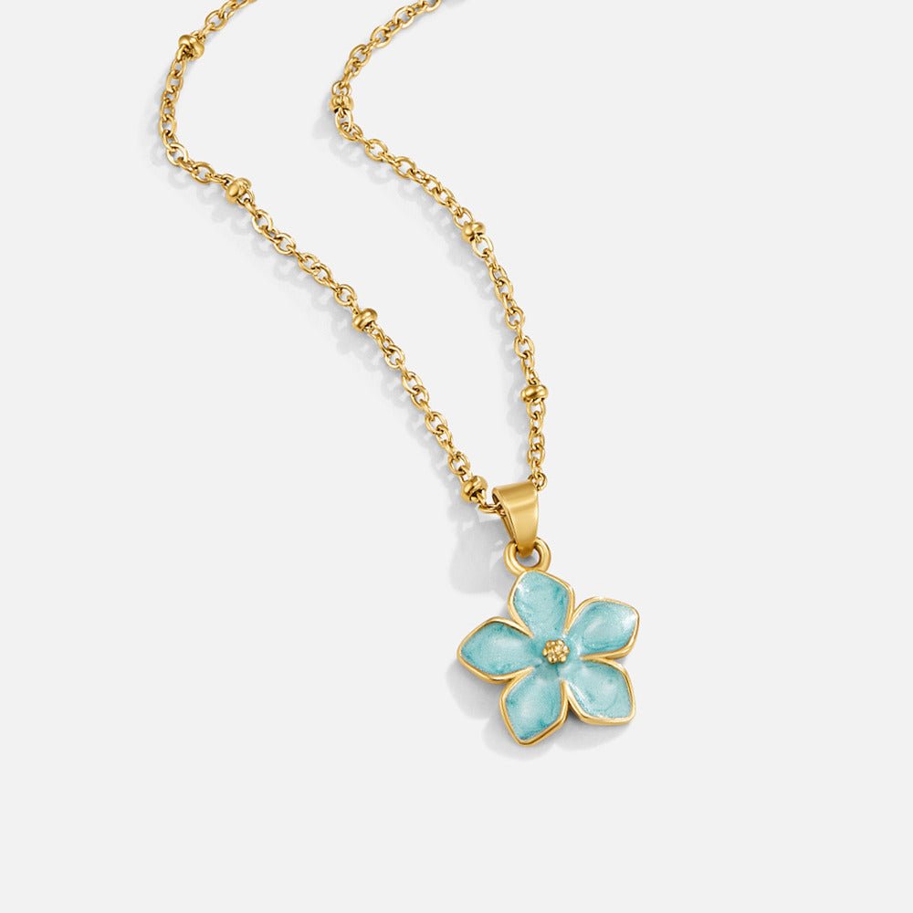 Turquoise Sakura Bloom Gold Necklace, gold beaded chain with turquoise enamel flower pendant