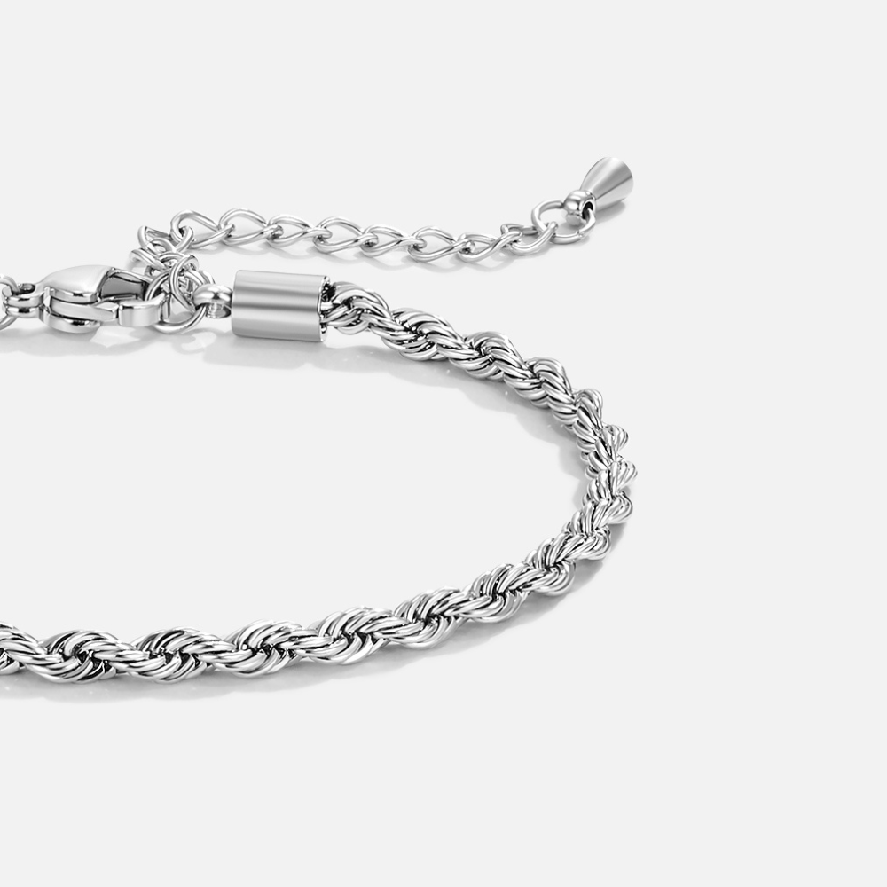 Twisted Chain Silver Bracelet, close-up of a silver rope-twist bracelet on white, clasp and