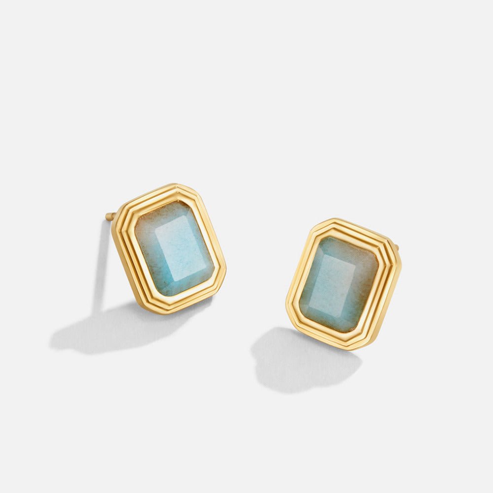 Vana Gold Vintage Stone Earrings, pair of gold stud earrings with faceted blue-green stones on