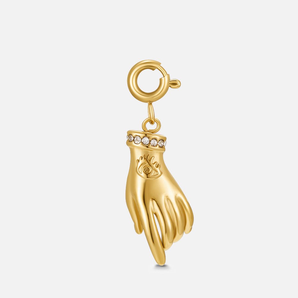 Victoria Gold Hand Charm, gold hand charm with spring clasp, crystal band and eye motif
