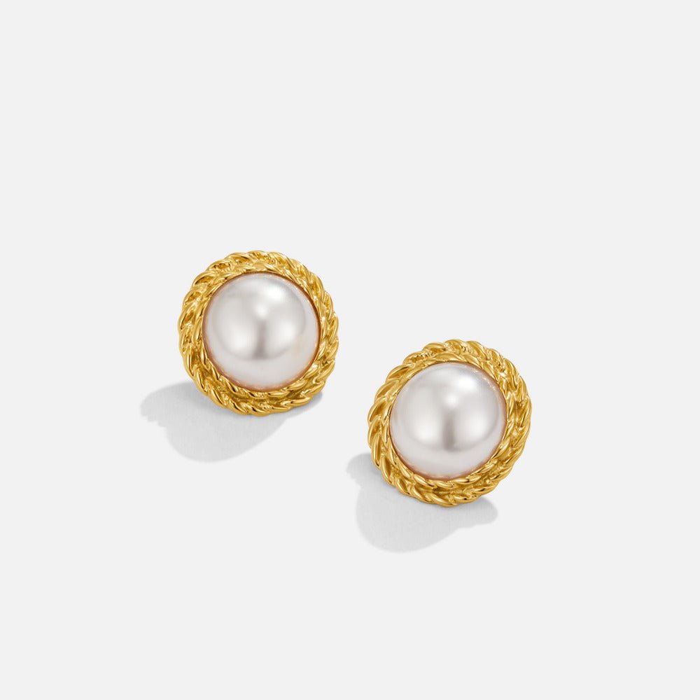 Vintage Monet Pearl Earrings, pair of stud earrings with white pearls in twisted gold rope settings