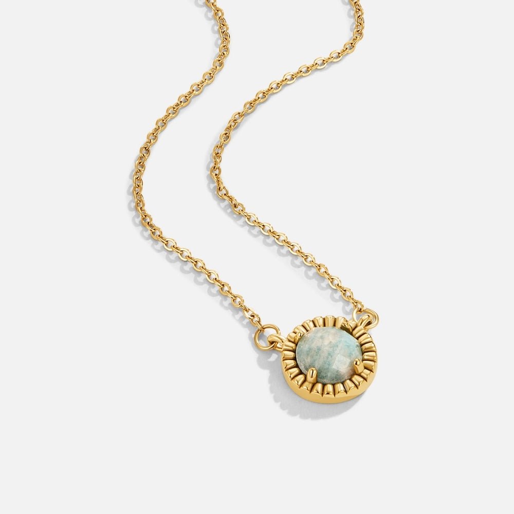 Vintage Round Amazonite Necklace, gold chain necklace with a round pale green stone pendant on white