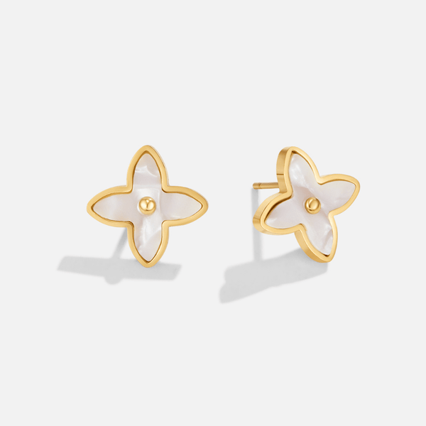 Free White Blossom Petal Earrings, pair of four-petal stud earrings on a plain white background