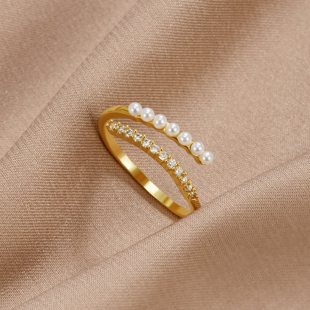 βWrap Meβ Pearl & Crystal Ring, gold open wrap ring with pearls and crystals, on beige satin