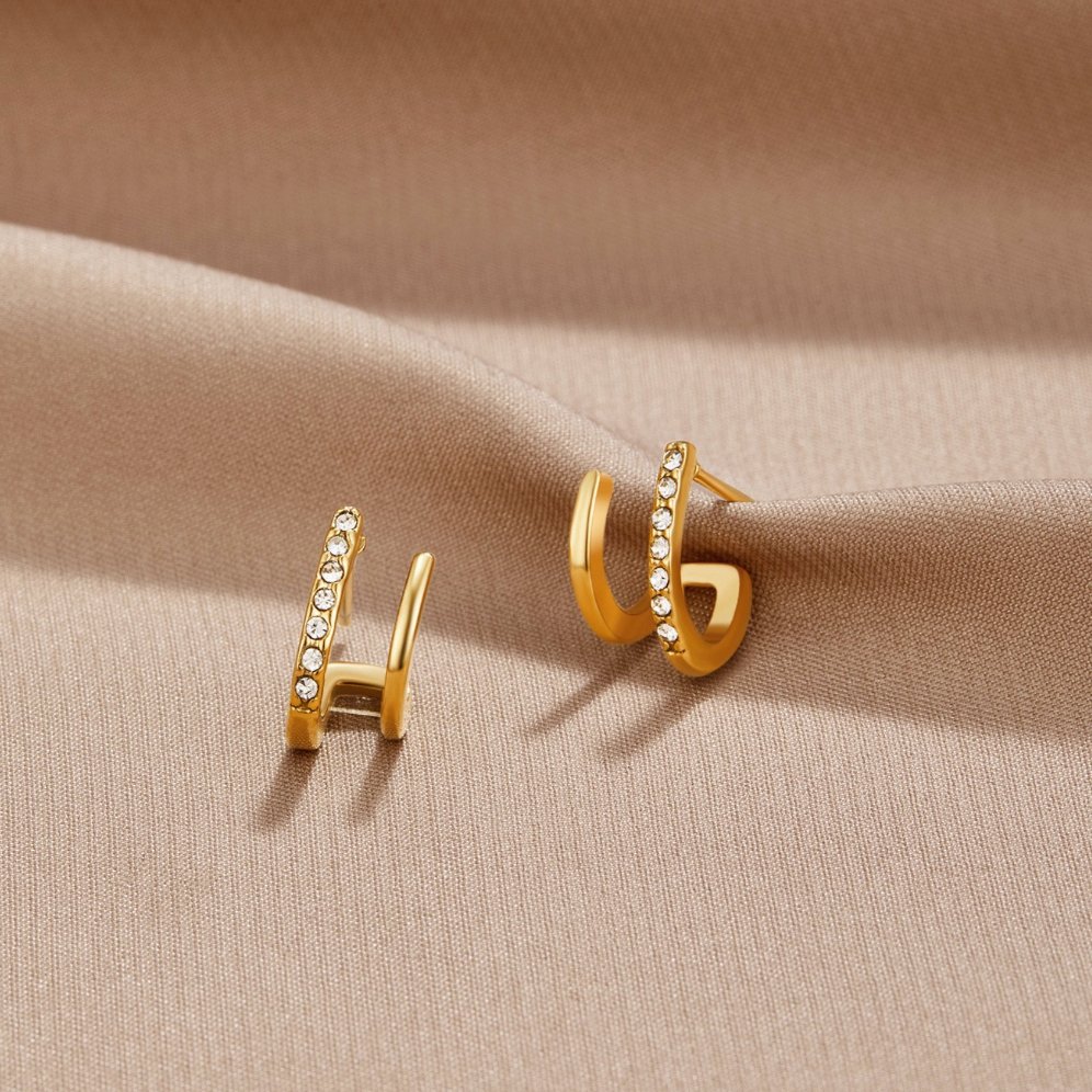 18K Gold & Crystal Claw Earrings, pair of gold double-hoop earrings with crystal inlay on