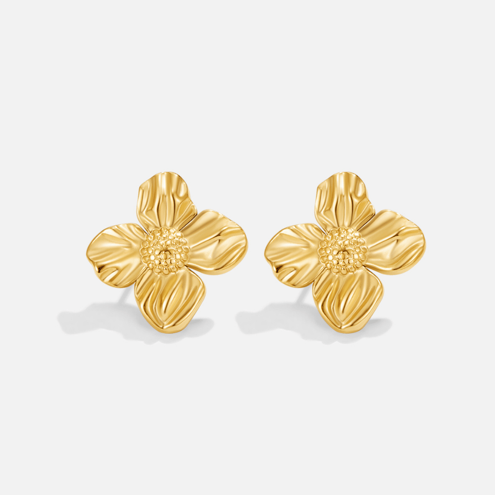 18K Gold Flower Earrings, pair of gold four-petal flower studs on white background