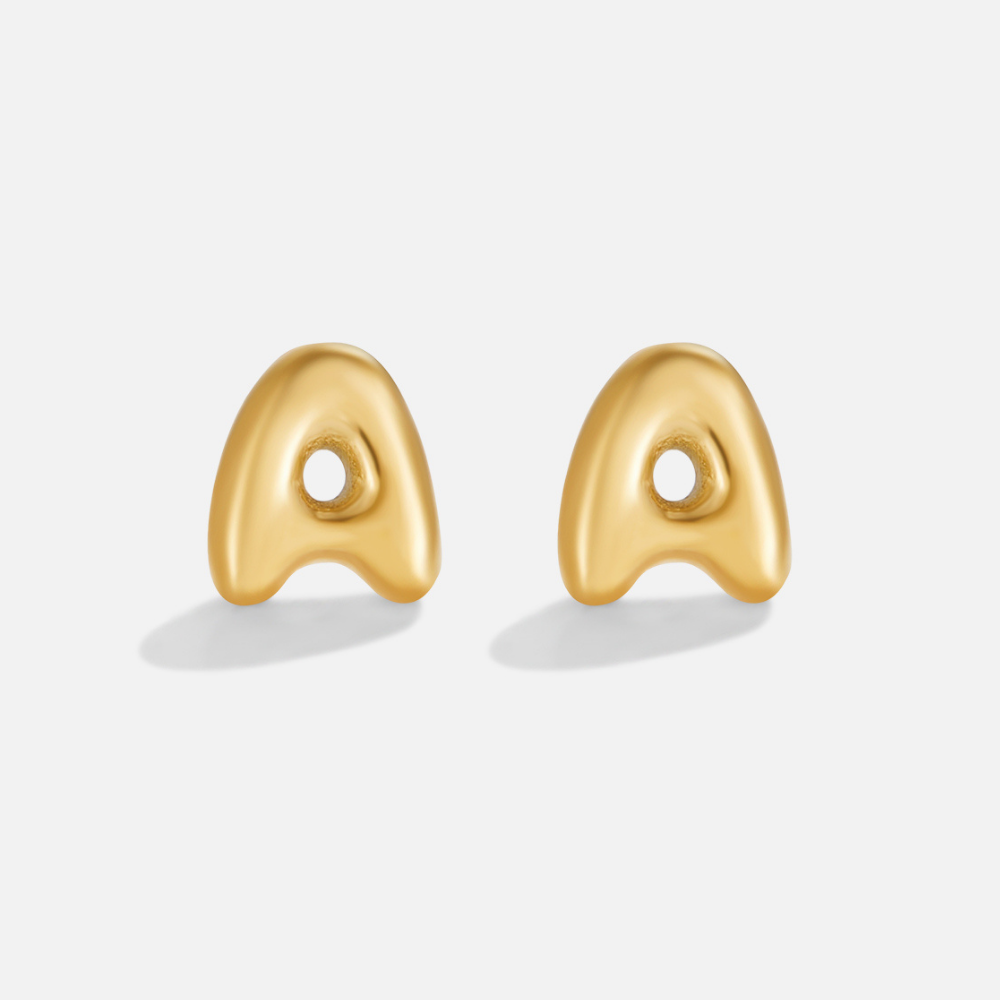 Gold Bubble Letter Earrings, pair of glossy gold puffed letter A stud earrings on white