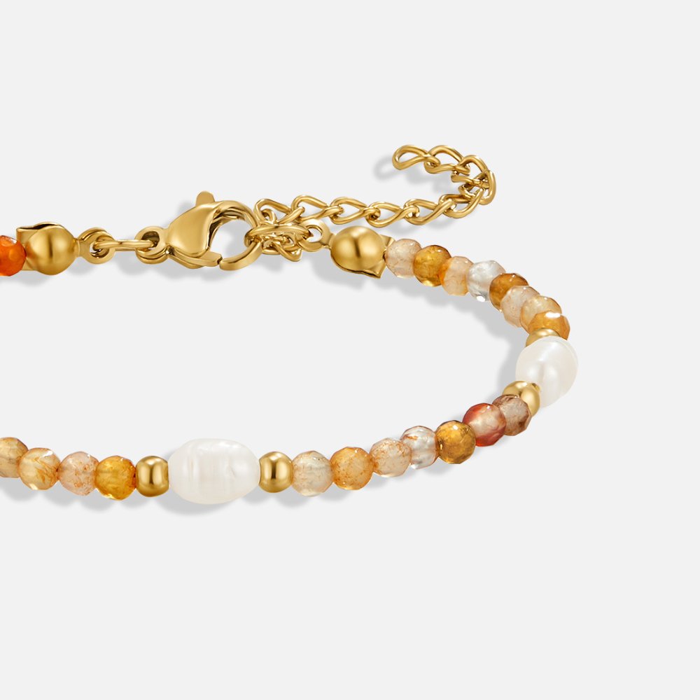 Agate & Pearl Bead Bracelet, bracelet laid flat on white, showing amber beads, pearls and gold