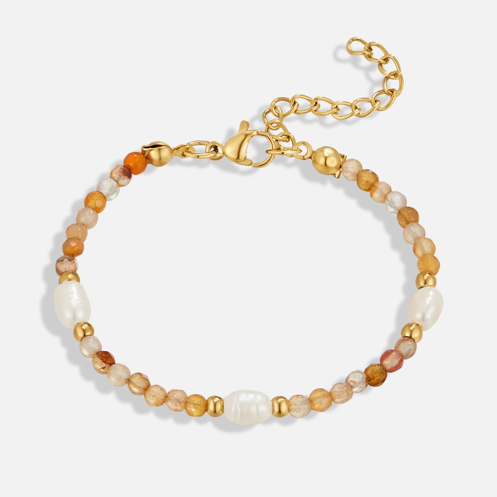 Agate & Pearl Bead Bracelet, flat lay of beaded bracelet with gold extender chain on white