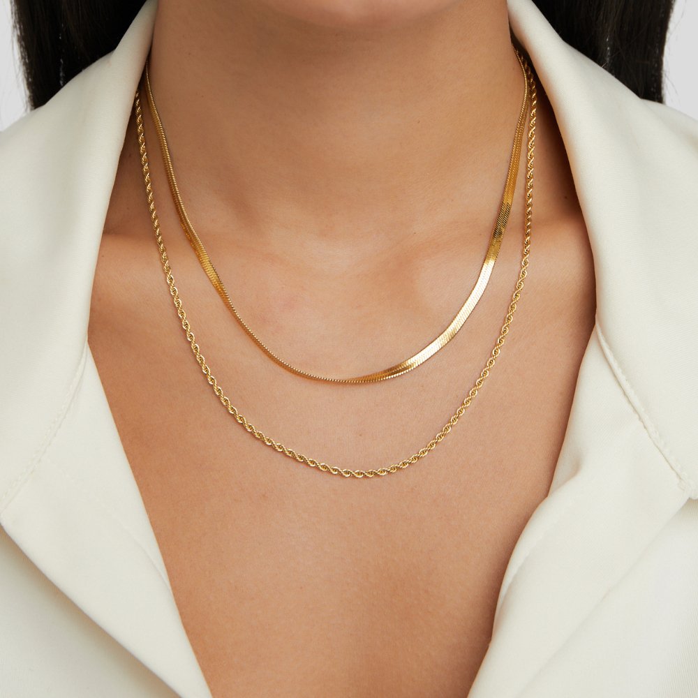 Alexandra Layered Necklace, worn layered on a neck with a cream collar; flat and rope chains