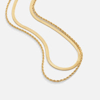 Alexandra Layered Necklace, two gold chains layered on a plain white background