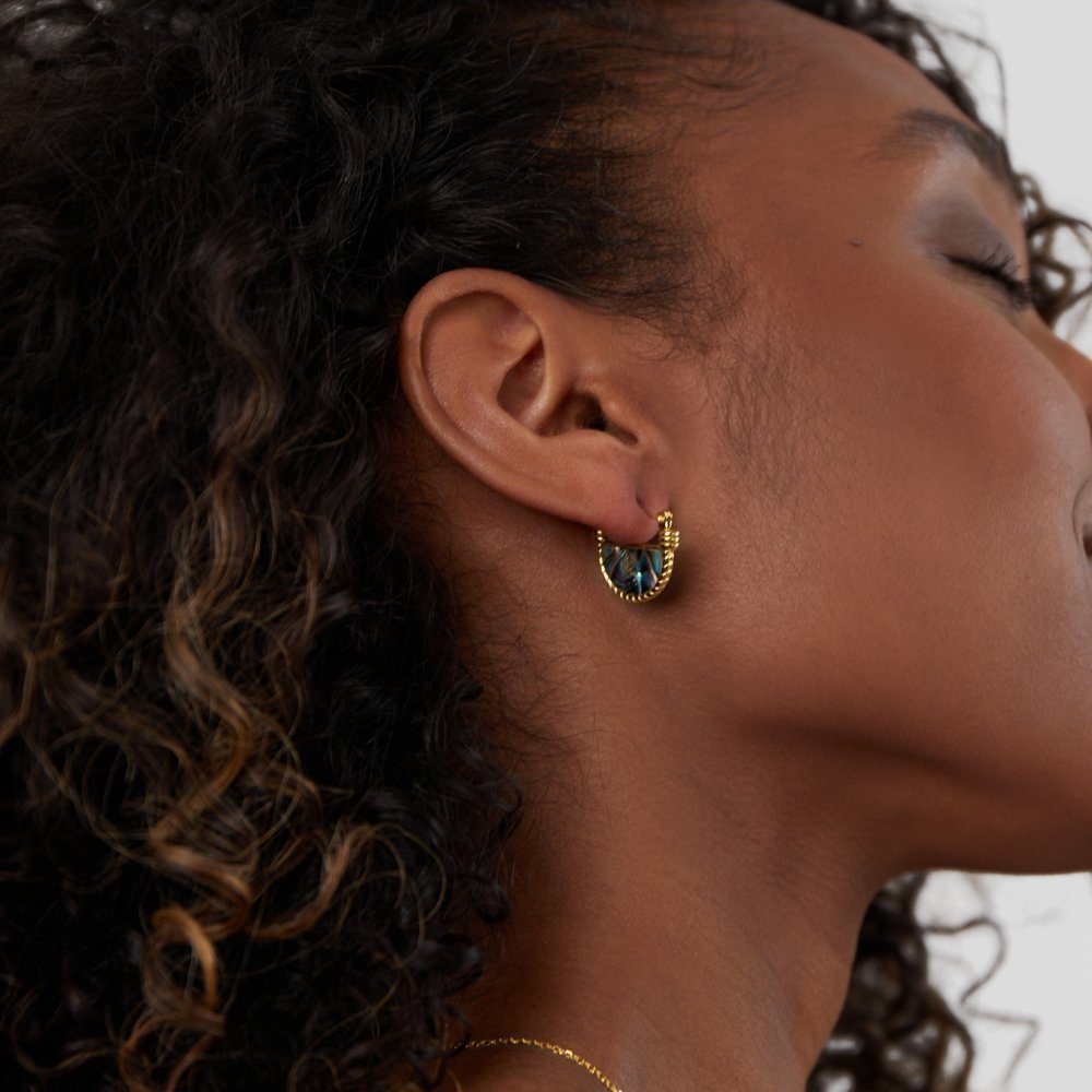 Amalfi Turquoise Jewelry Set, worn on an ear in profile, with a gold hoop and blue-green stone