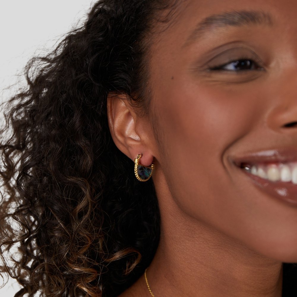 Amalfi Turquoise Jewelry Set, worn on an ear with a small gold hoop and iridescent stone