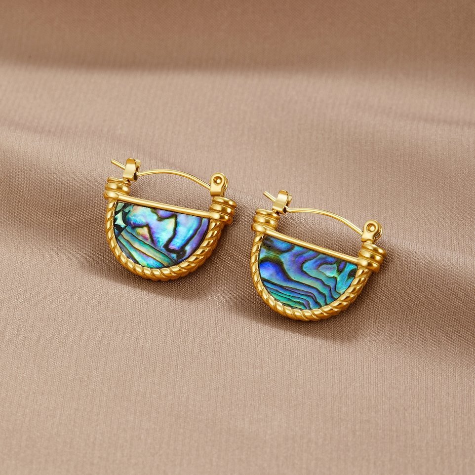 Amalfi Turquoise Jewelry Set, pair of gold hoop earrings with iridescent blue-green shell