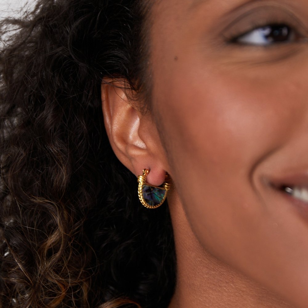 Amalfi Turquoise Jewelry Set, worn on an ear with curly dark hair, gold hoop with abalone-look inlay