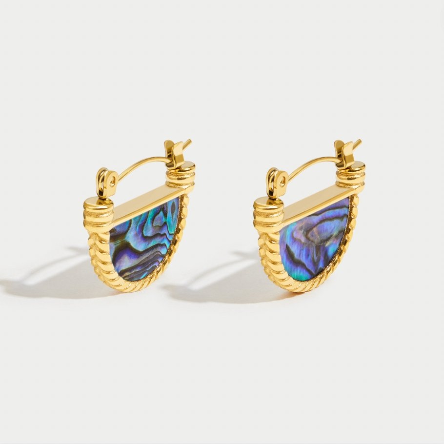 Amalfi Turquoise Jewelry Set, pair of gold hoop earrings with blue abalone shell panels
