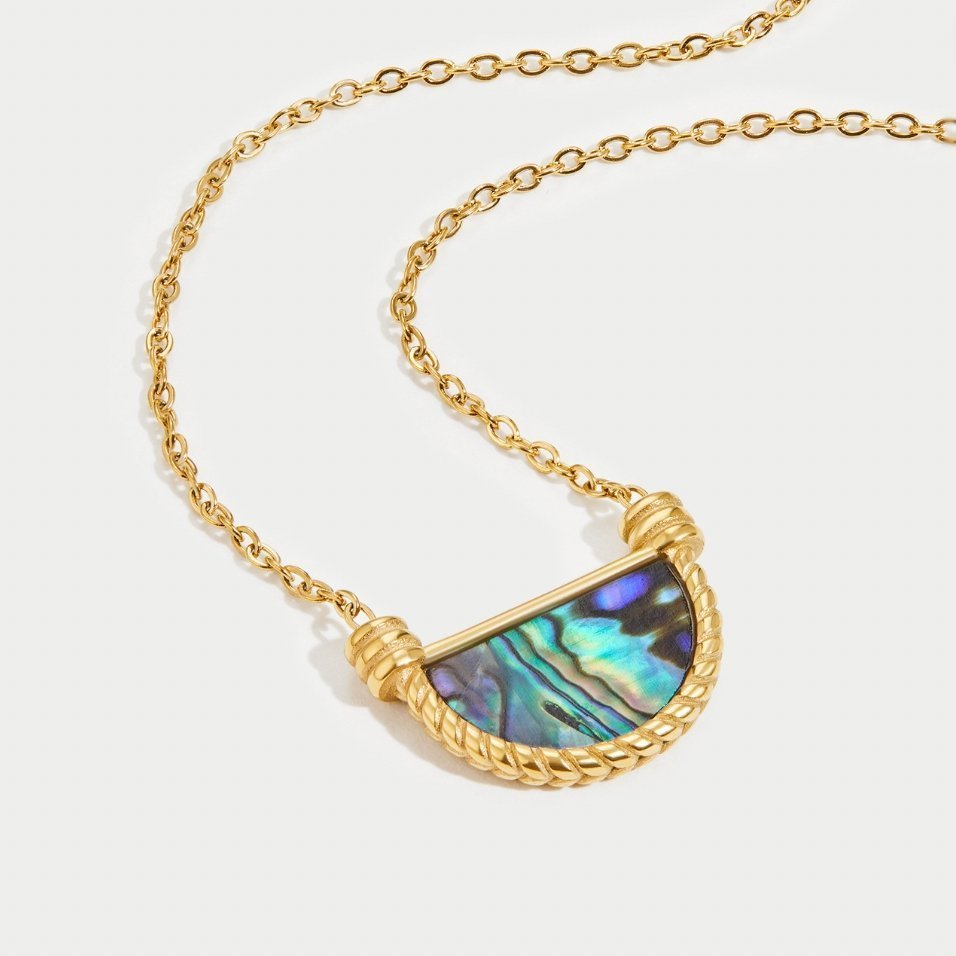 Amalfi Turquoise Shell Necklace, gold chain necklace with a half-moon abalone shell pendant on white