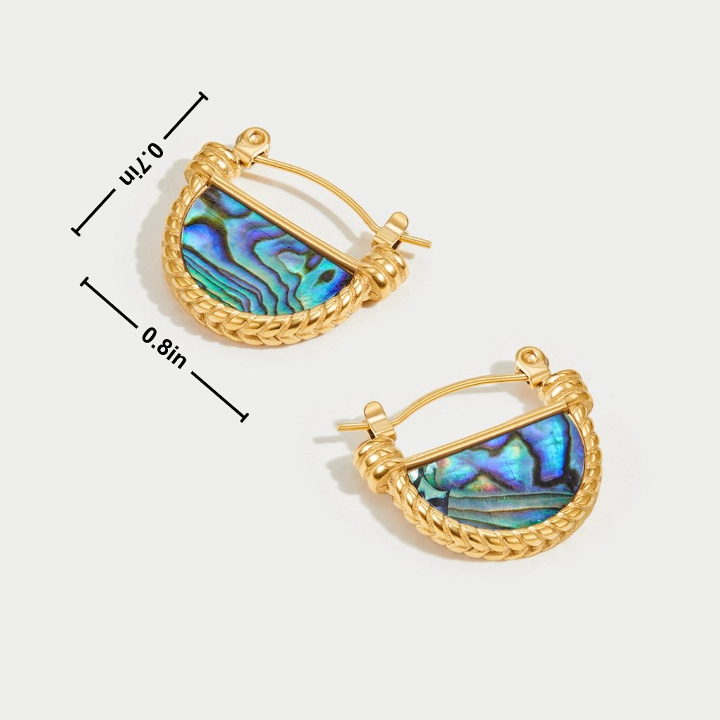 Amalfi Turquoise Shell Necklace, two gold half-moon hoop earrings with blue abalone shell