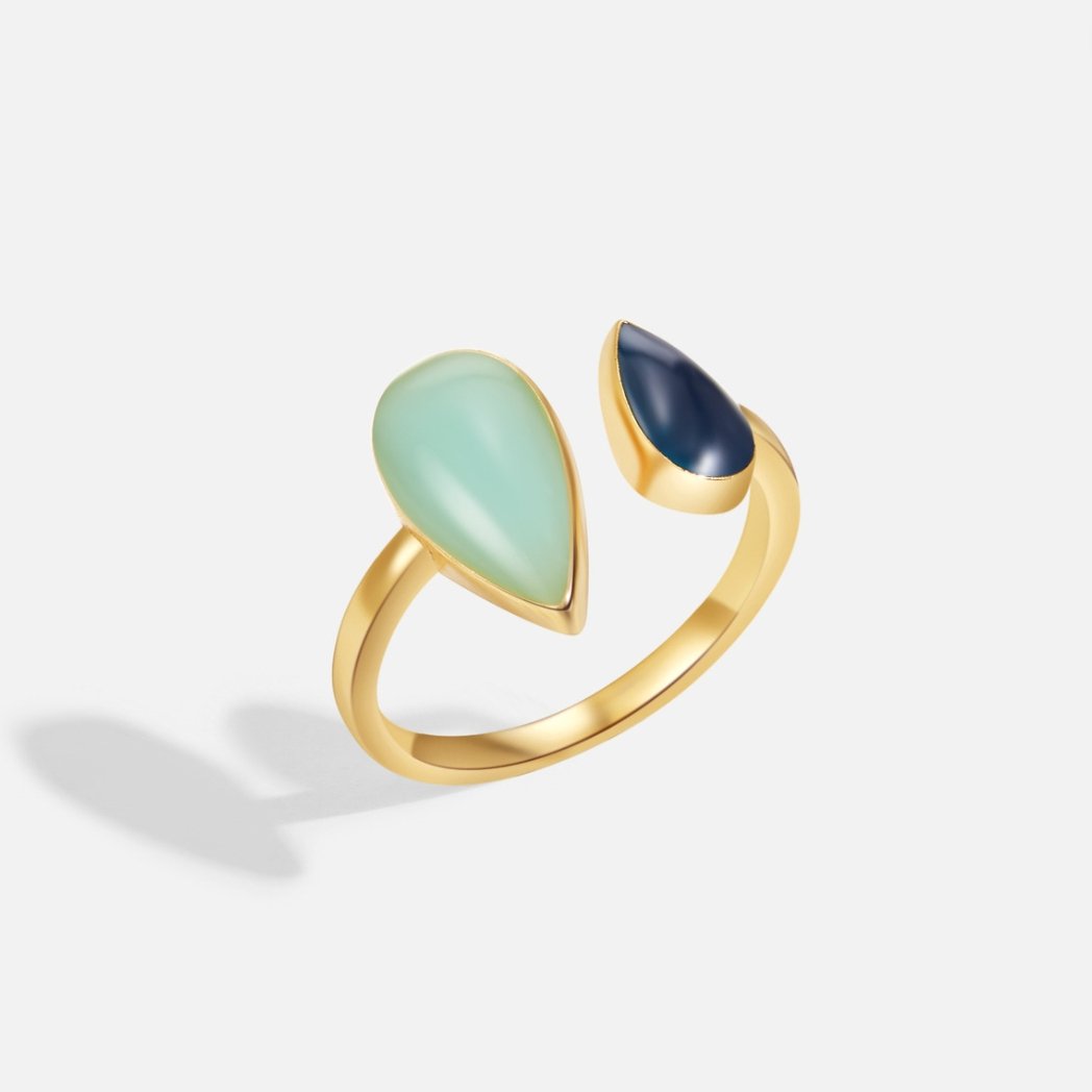 Aquamarine Teardrop Ring, open gold ring with pale green and navy teardrop stones on white