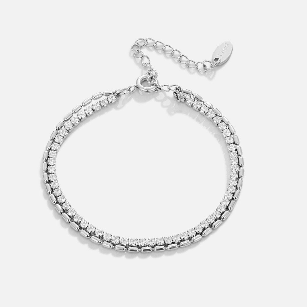 Arelia Crystal Silver Bracelet, silver bracelet laid flat on white, double row with crystal stones
