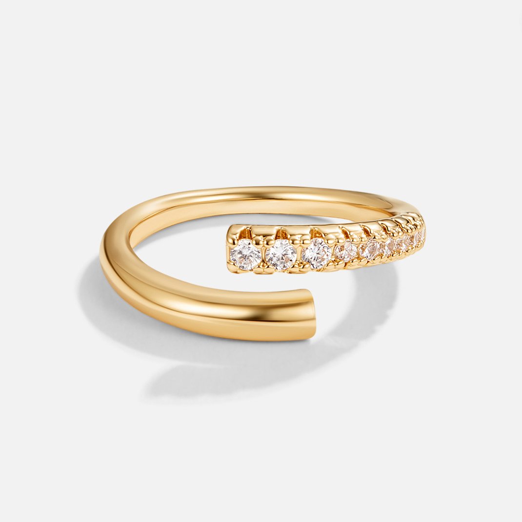 Arya Gold & Crystal Wrap Ring, open wrap ring on white, gold band with a row of small clear stones