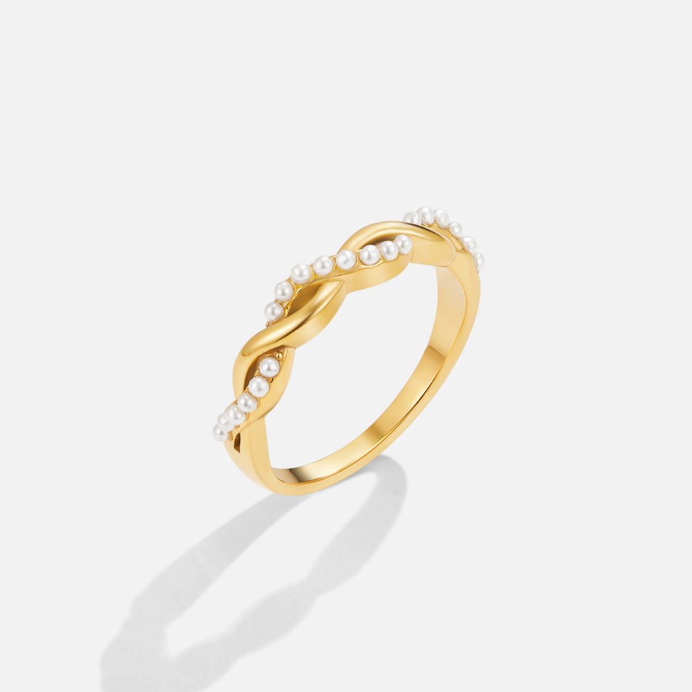 Bella Twist Pearl Ring, gold twisted band with small white pearls, on white background