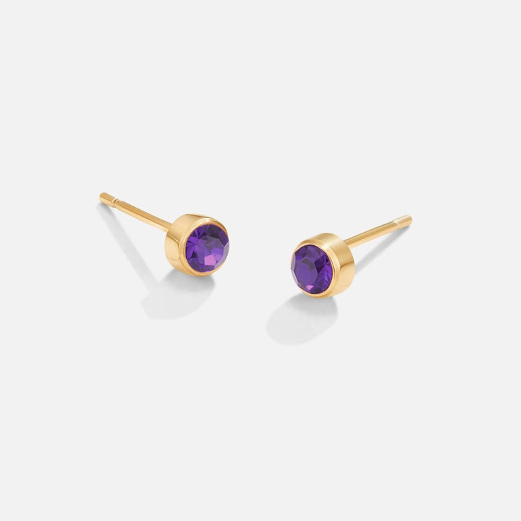 Birthstone Stud Earrings, pair of stud earrings with round purple gemstones in gold bezels
