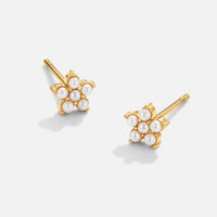 Blooming Flower Pearl Earrings, pair of flower stud earrings on white background, small pearls