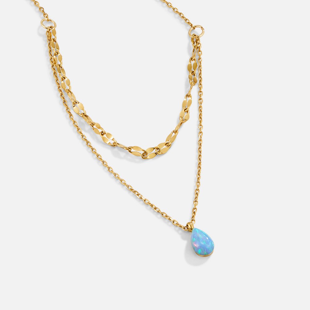 Blue Opal Teardrop Layered Necklace, gold layered necklace with a teardrop opal pendant on white