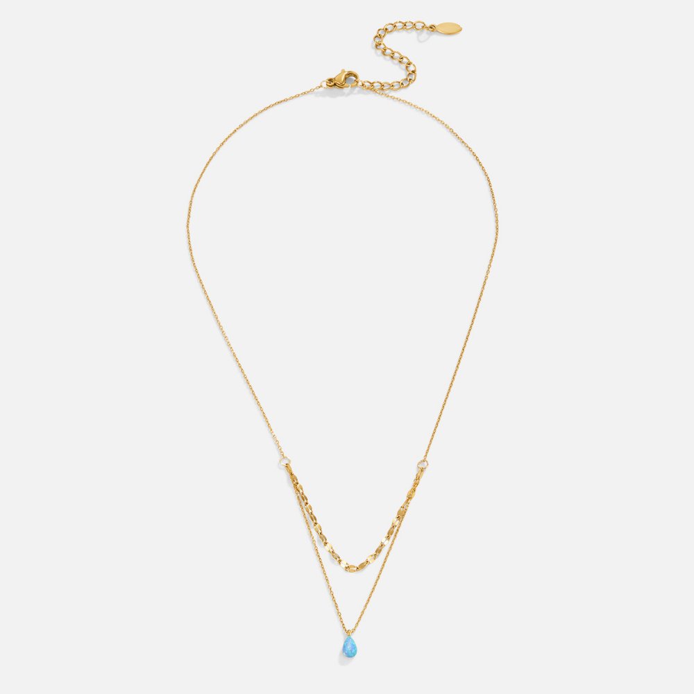 Blue Opal Teardrop Layered Necklace, flat lay of a gold two-strand necklace with a blue