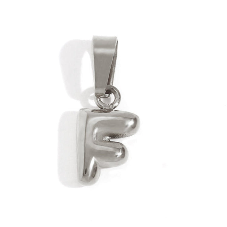 Bubble Letter Necklace, polished silver bubble-letter pendant with a bail, on white background