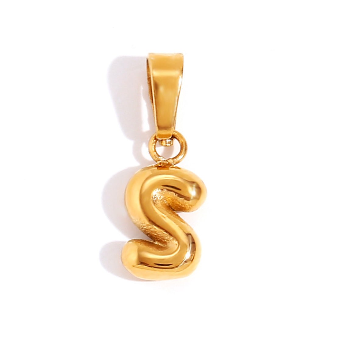 Bubble Letter Necklace, gold bubble-letter S pendant on a white background