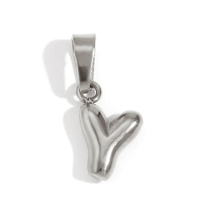 Bubble Letter Necklace, close-up of a polished silver bubble-letter Y pendant on a white background