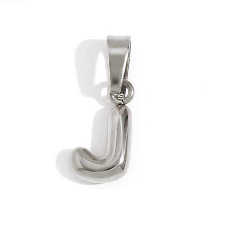 Bubble Letter Necklace, close-up of a polished silver bubble letter J pendant on white