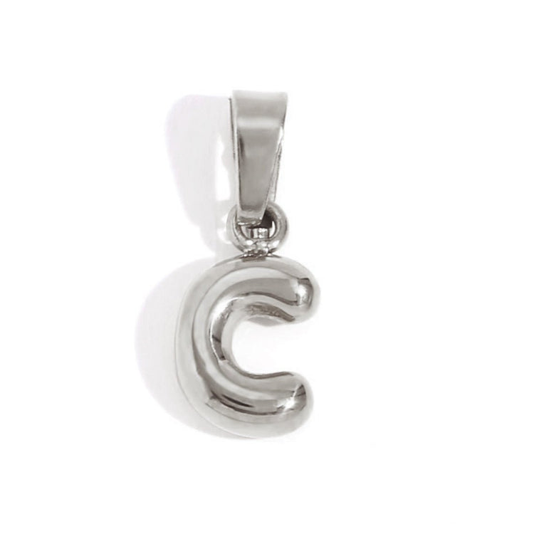 Bubble Letter Necklace, silver bubble-letter C pendant with a bail, on a white background