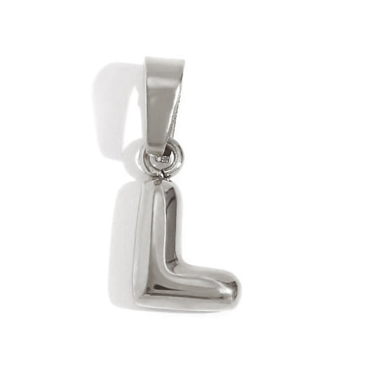 Bubble Letter Necklace, polished silver letter L pendant on a bail, against white background