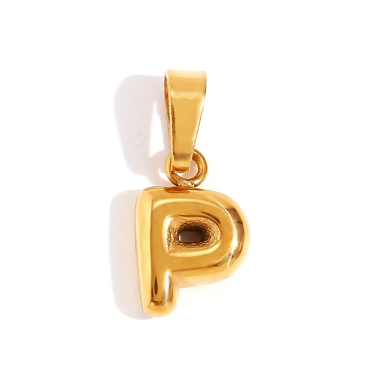 Bubble Letter Necklace, gold bubble-letter P pendant with a bail, on white background
