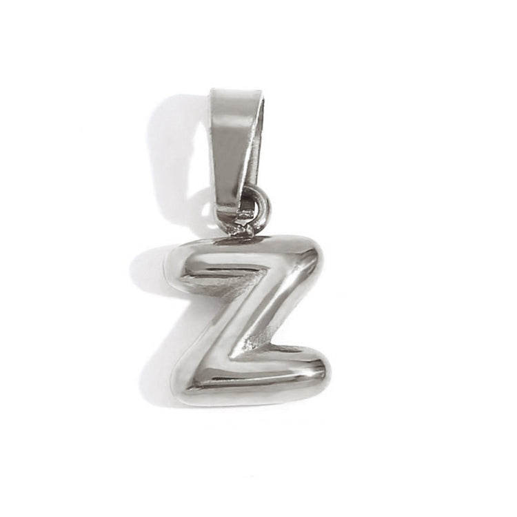 Bubble Letter Necklace, silver bubble-letter Z pendant on a plain white background
