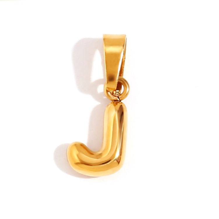 Bubble Letter Necklace, glossy gold bubble-letter J pendant on a plain white background