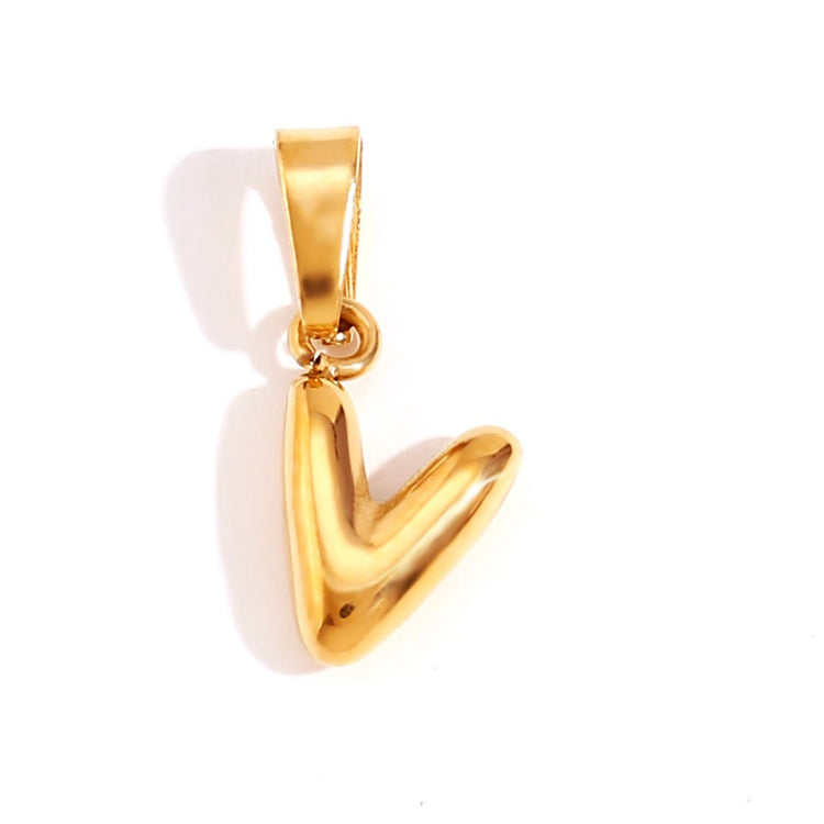 Bubble Letter Necklace, glossy gold bubble-letter V pendant with a bail on white